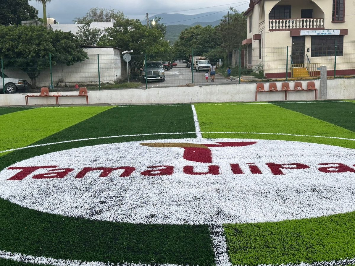 construcción de cancha de futbol en México México con césped artificial y logo del estado, obra entregada por Sportmaster
