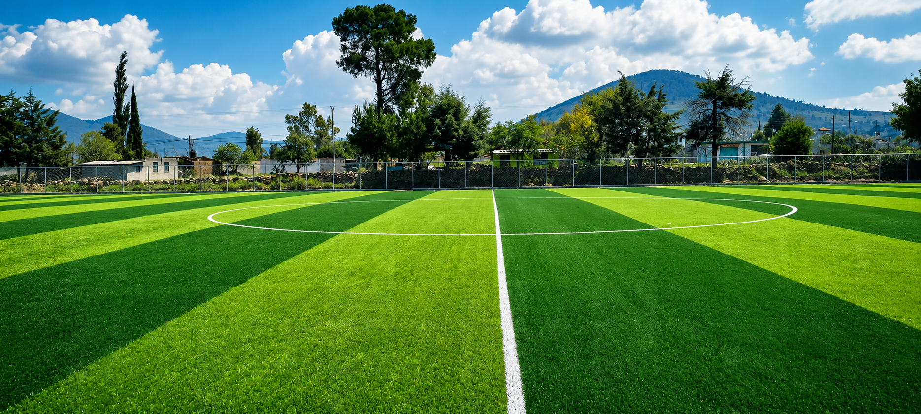 cancha de futbol con franjeado europeo en pasto sintético fibrilado importado