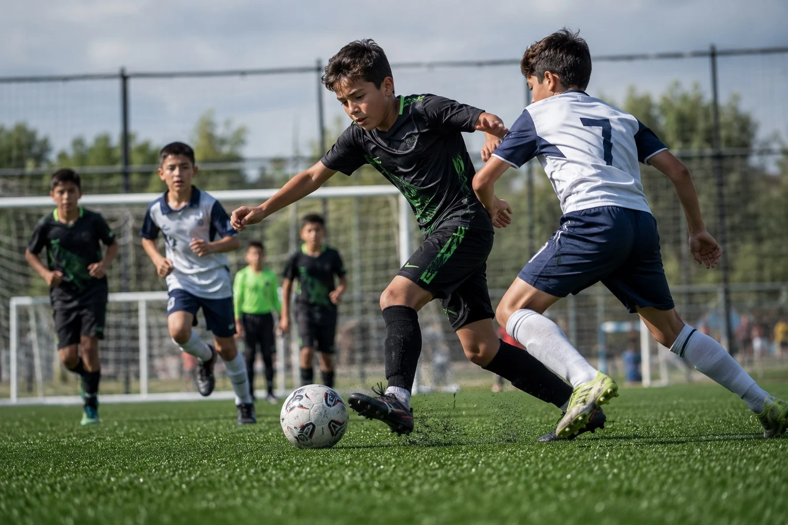niños jugando futbol sobre pasto fibrilado para uso intensivo
