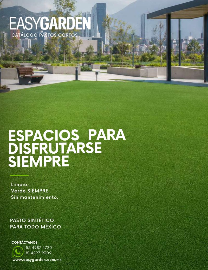 portada del catálogo EasyGarden de pasto tipo alfombra 2026 con terraza residencial · Sportmaster México