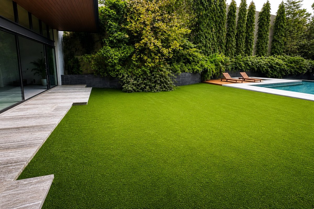 pasto sintético para exterior residencial con alberca · EasyGarden by Sportmaster
