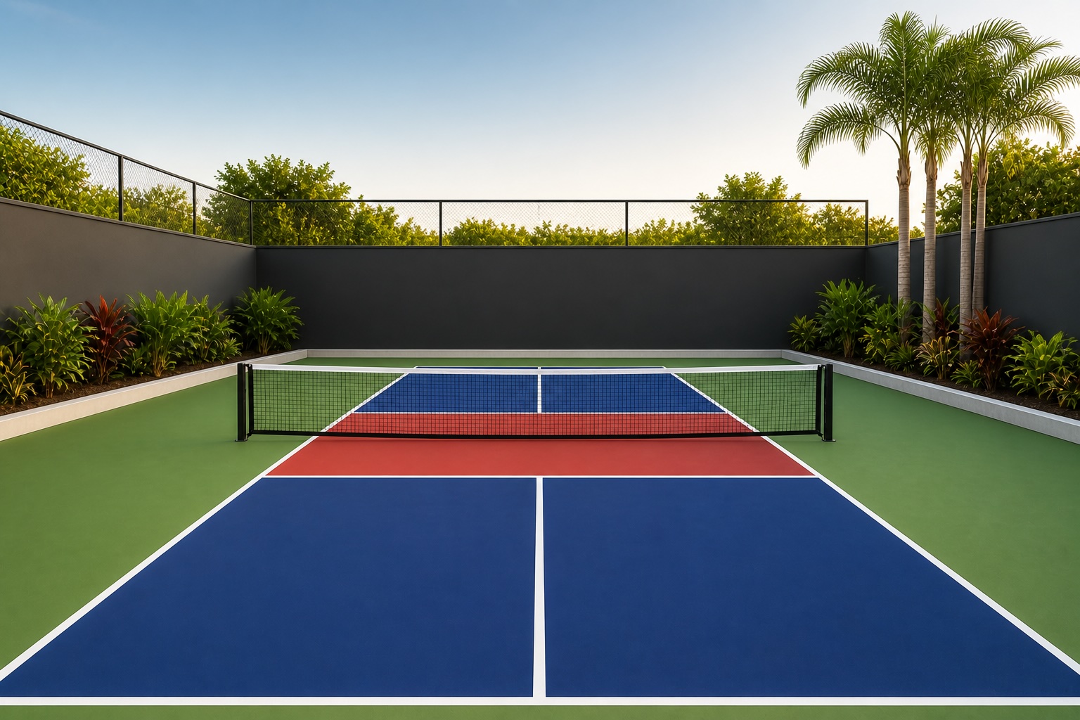Cancha de pickleball premium con colores azul rojo y verde en resort con palmeras y muro perimetral acabado profesional