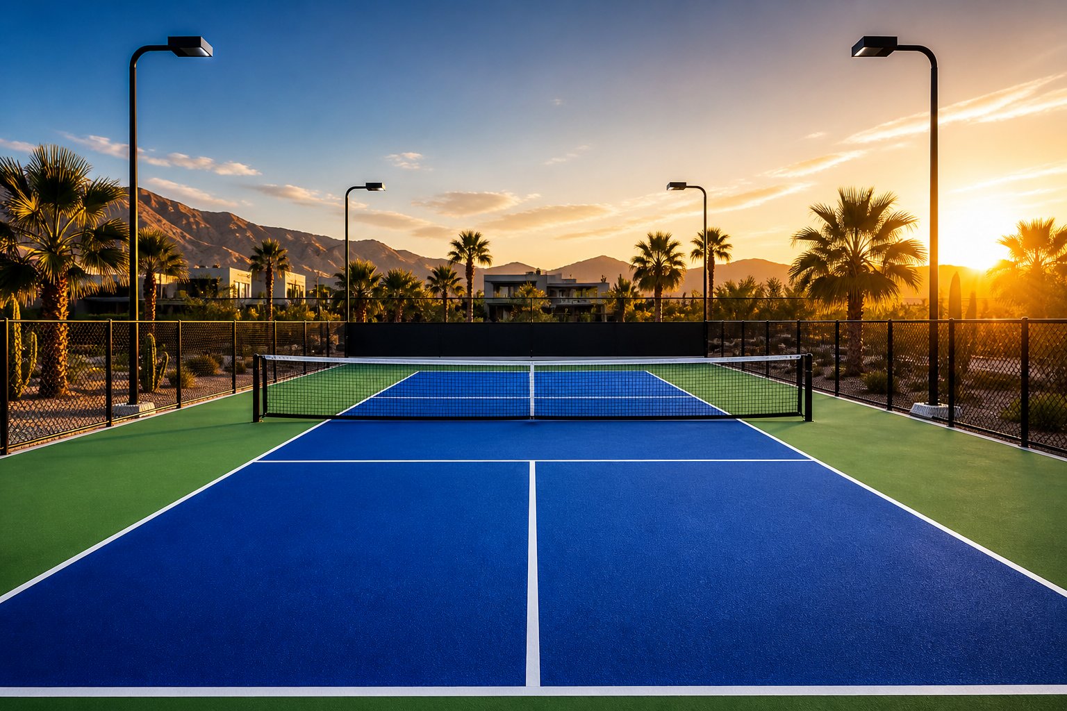 Cancha de pickleball profesional con iluminación LED al atardecer — CanchasdePickleball.mx