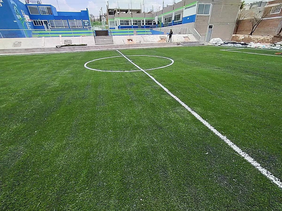Cancha de fútbol 7 con pasto sintético en Instituto Tesla, Aguascalientes, Aguascalientes: líneas de juego insertadas en el mismo pasto