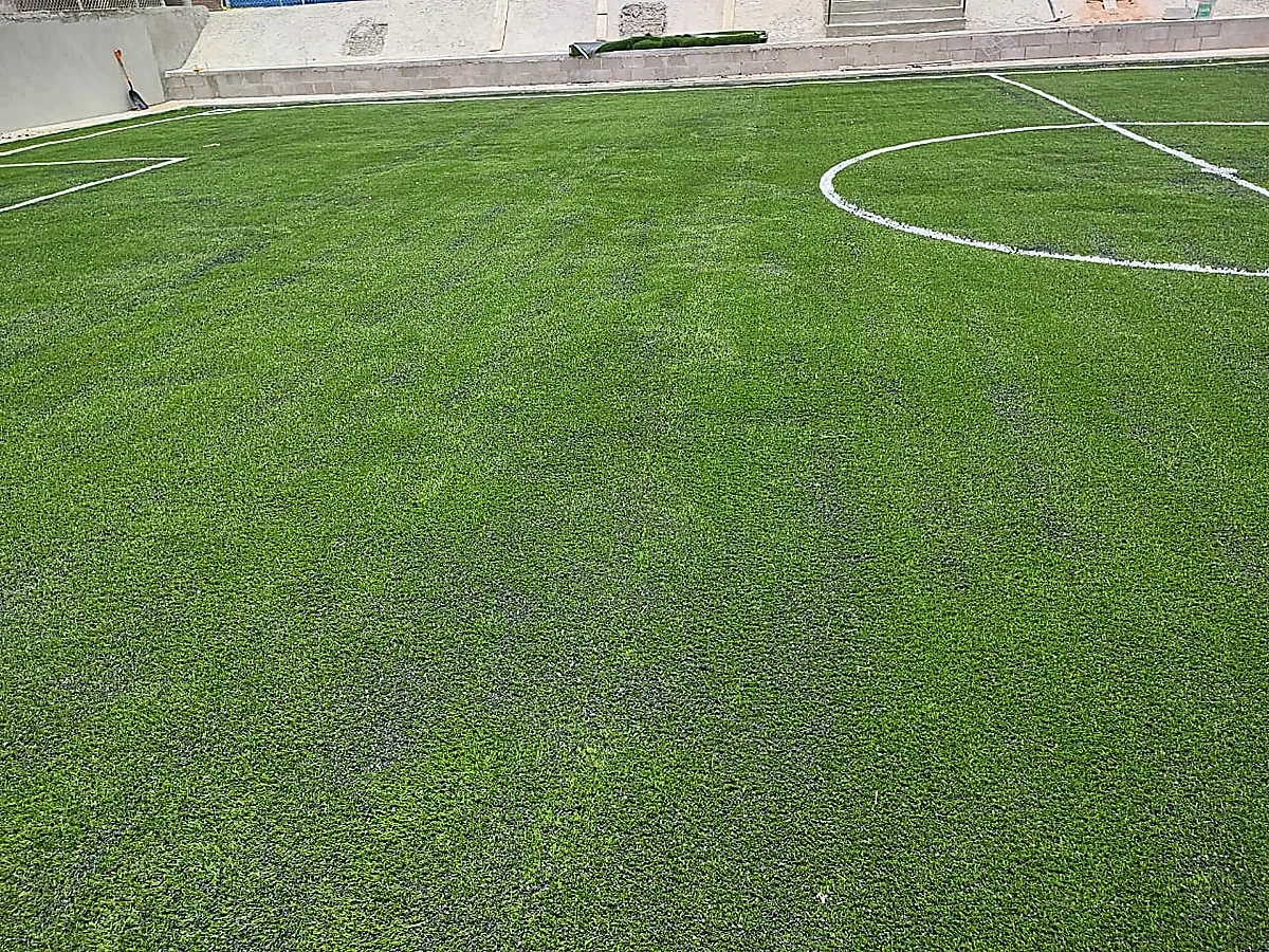 Cancha de fútbol 7 con pasto sintético en Instituto Tesla, Aguascalientes, Aguascalientes: la cancha desde la línea lateral