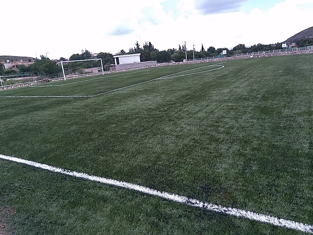 Cancha de fútbol soccer con pasto sintético en Campo Deportivo Real de Asientos, Aguascalientes: líneas de juego insertadas en el pasto