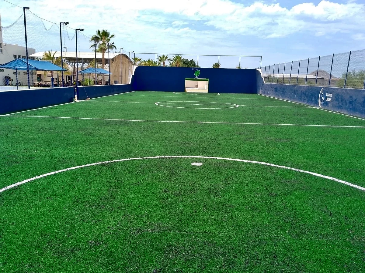 Cancha de fútbol rápido con pasto sintético en Colegio Educativo Papalotl, Los Cabos, Baja California Sur: líneas de juego insertadas en el pasto