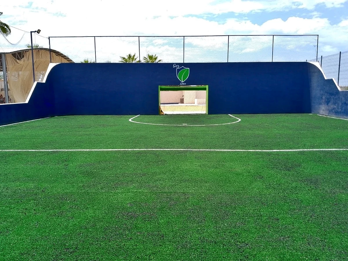 Cancha de fútbol rápido con pasto sintético en Colegio Educativo Papalotl, Los Cabos, Baja California Sur: la cancha desde la línea lateral