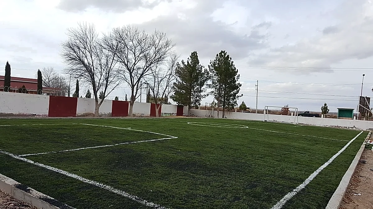 Detalle del pasto sintético de la cancha de fútbol 5 en Praxedis G. Guerrero, Chihuahua