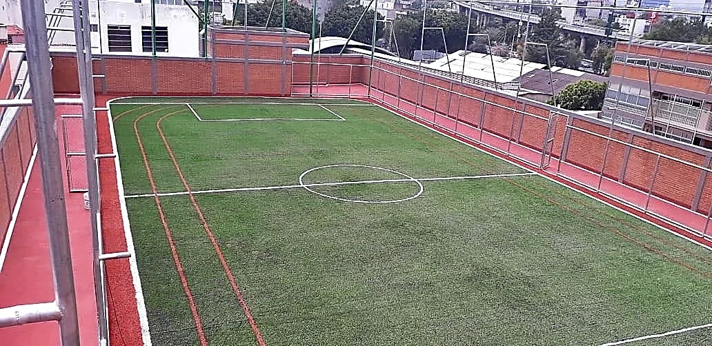 Cancha de fútbol 5 con pasto sintético en Colegio Britanico, Delegacion Benito Juarez, Ciudad de México: pasto sintético deportivo recién cepillado