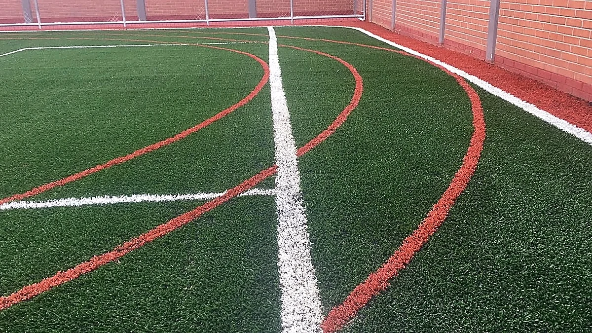 Cancha de fútbol 5 con pasto sintético en Colegio Britanico, Delegacion Benito Juarez, Ciudad de México: la cancha desdel fondo