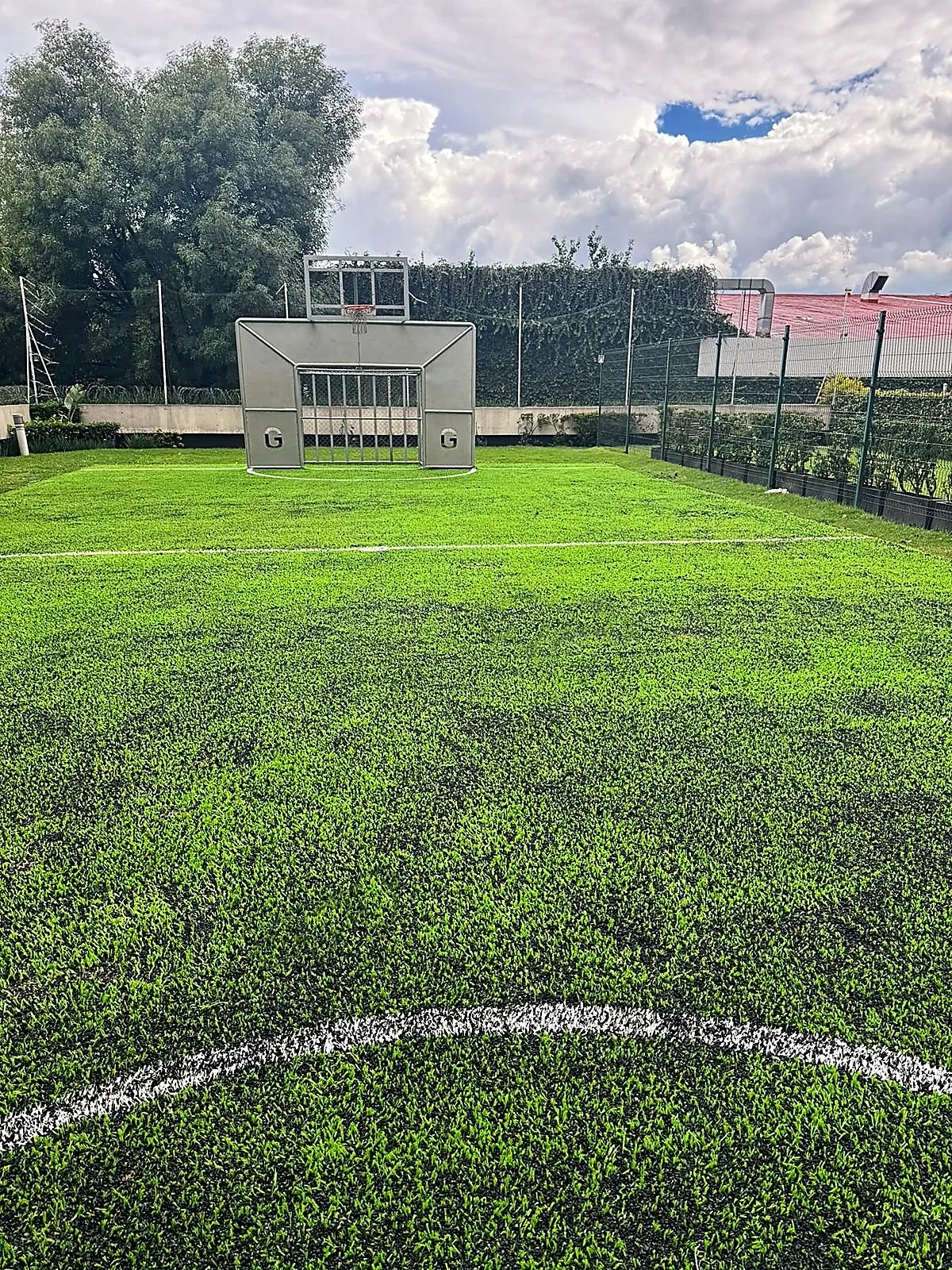 Cancha de fútbol 5 con pasto sintético en Coyoacán, Ciudad de México: la cancha desde la línea lateral
