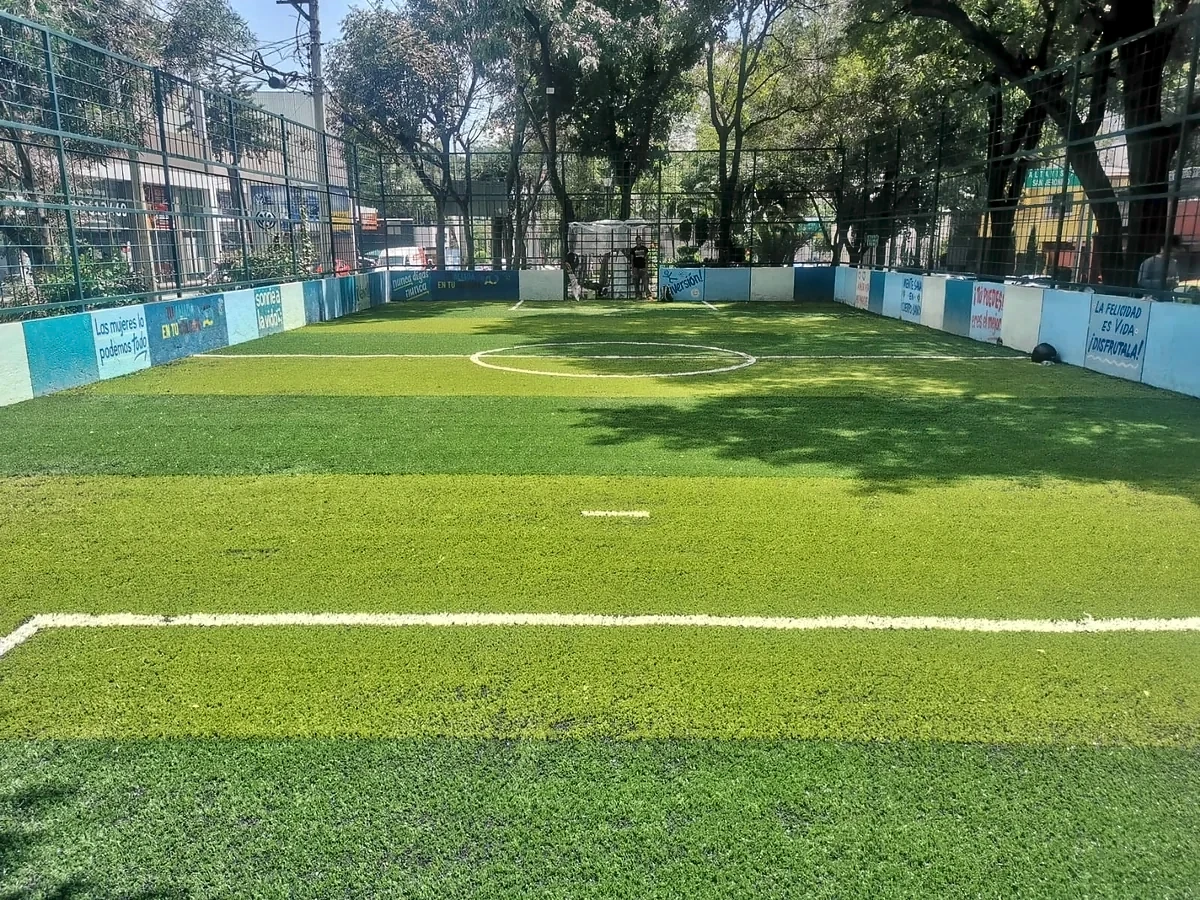 Cancha de fútbol 5 con pasto sintético en Parque Lineal Barranda del Muerto, Álvaro Obregón, Ciudad de México: la cancha desde la línea lateral