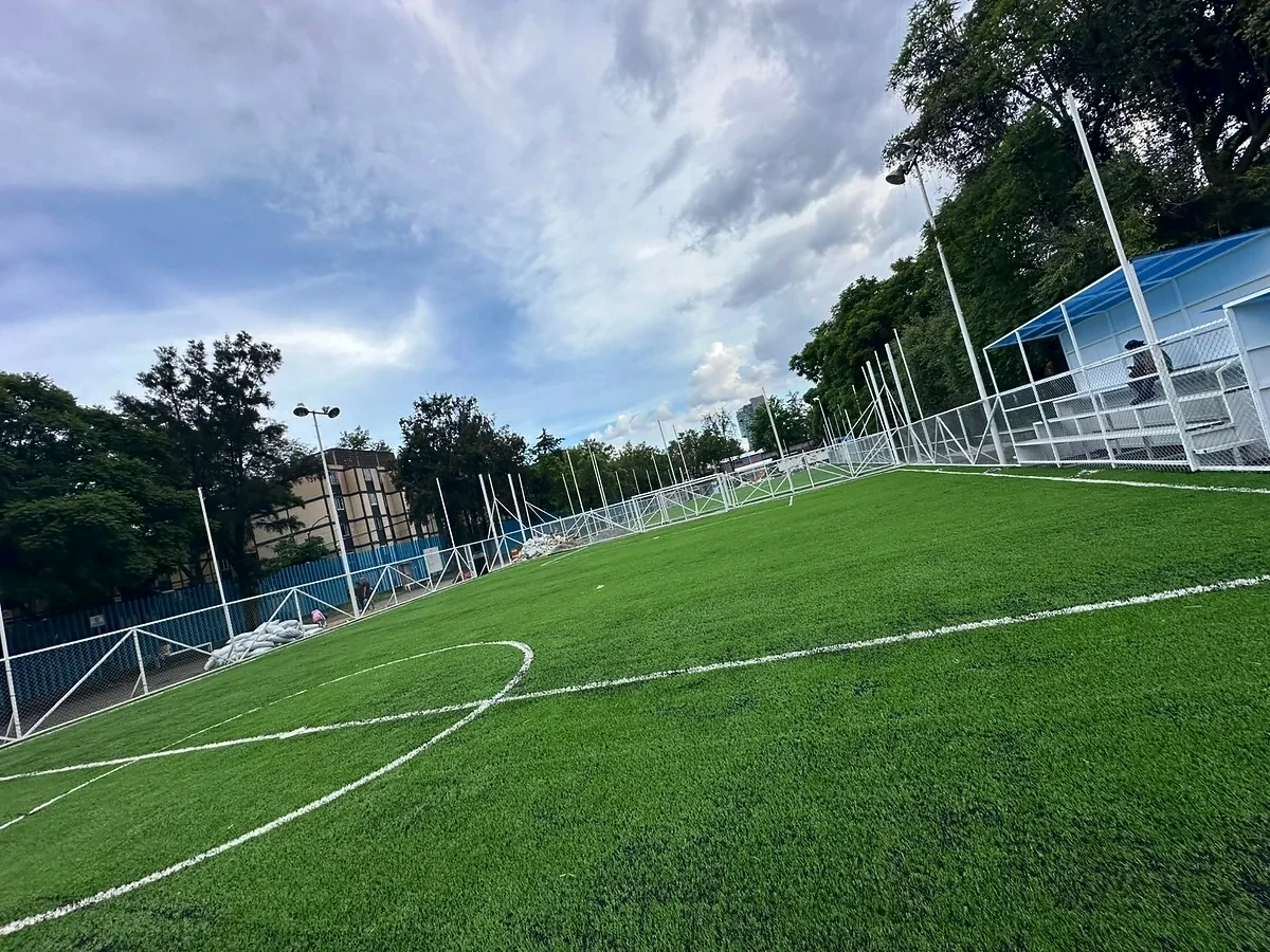 Cancha de fútbol 7 con pasto sintético en Deportivo Gran Libertador, Miguel Hidalgo, Ciudad de México: la cancha desde la línea lateral