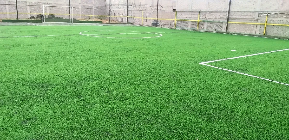 Cancha de fútbol 7 con pasto sintético en Sport Arena Invictus, Xochimilco, Ciudad de México: líneas de juego insertadas en el mismo pasto
