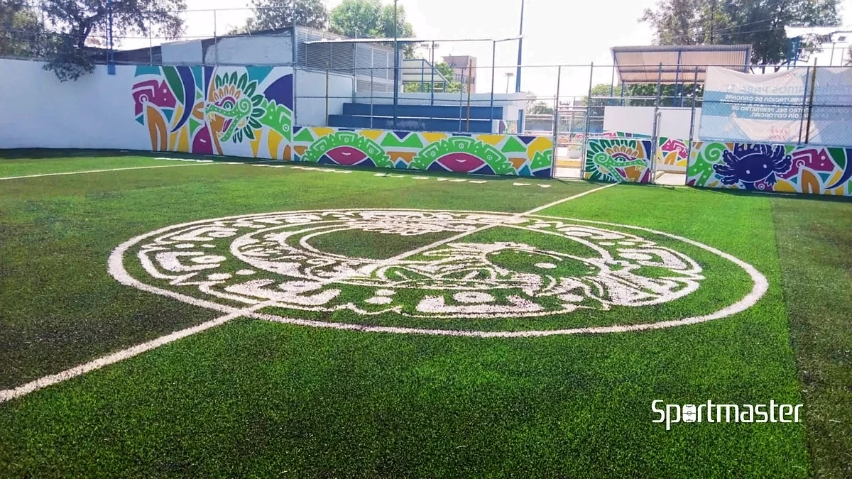 Cancha de fútbol rápido con pasto sintético en Deportivo Emiliano Zapata, Coyoacán, Ciudad de México: la cancha desde la línea lateral
