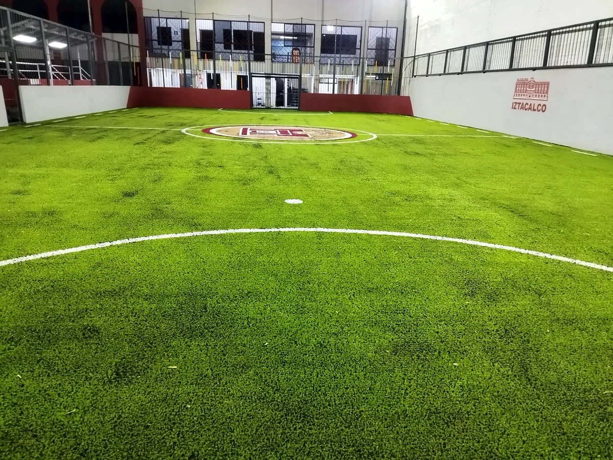 Cancha de fútbol rápido con pasto sintético en Iztacalco, Ciudad de México: la cancha desde la línea lateral