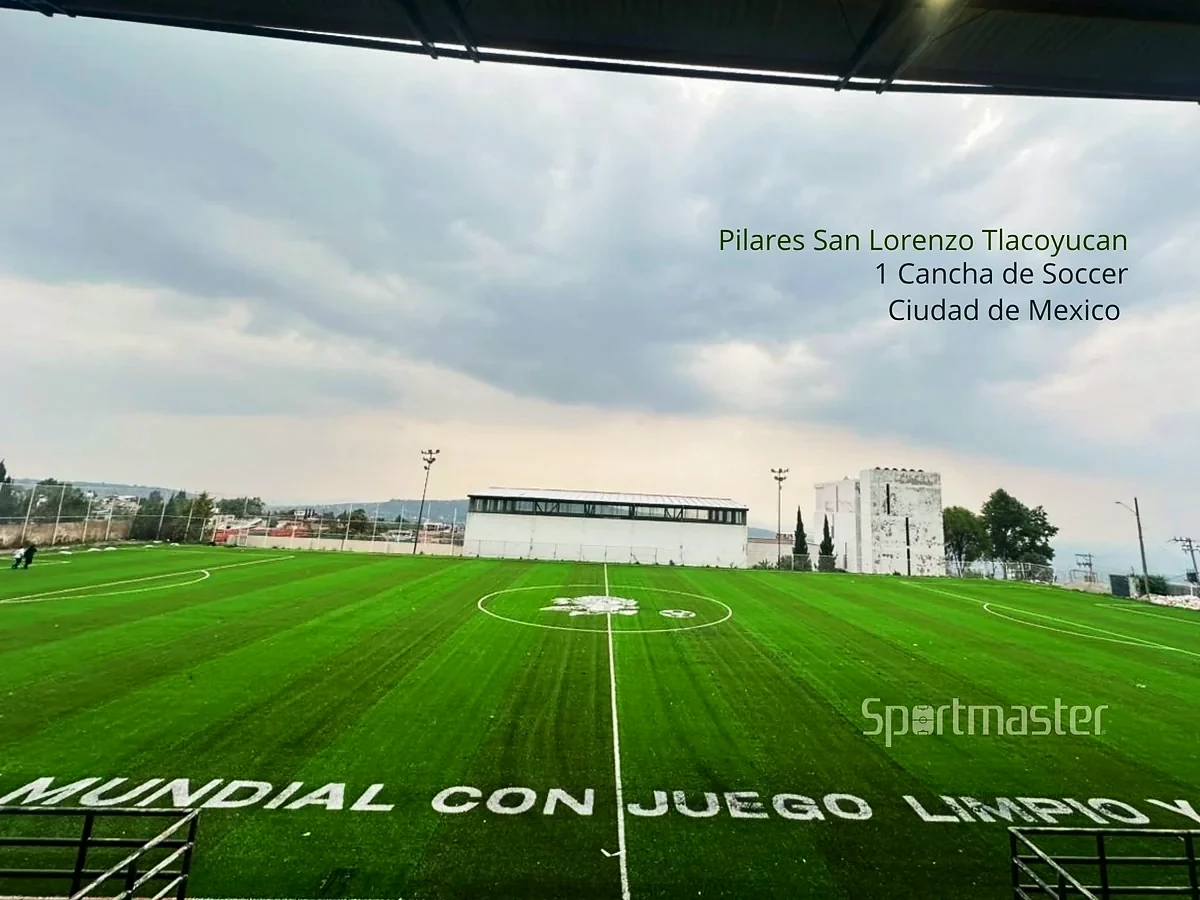 Cancha de fútbol soccer con pasto sintético en PILARES San Lorenzo Tlacoyucan, Milpa Alta, Ciudad de México: la cancha desde la línea lateral