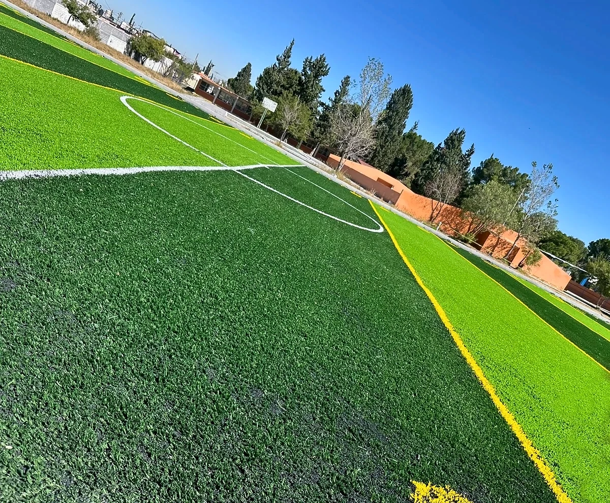 Detalle del pasto sintético de la cancha de tochito en Saltillo, Coahuila