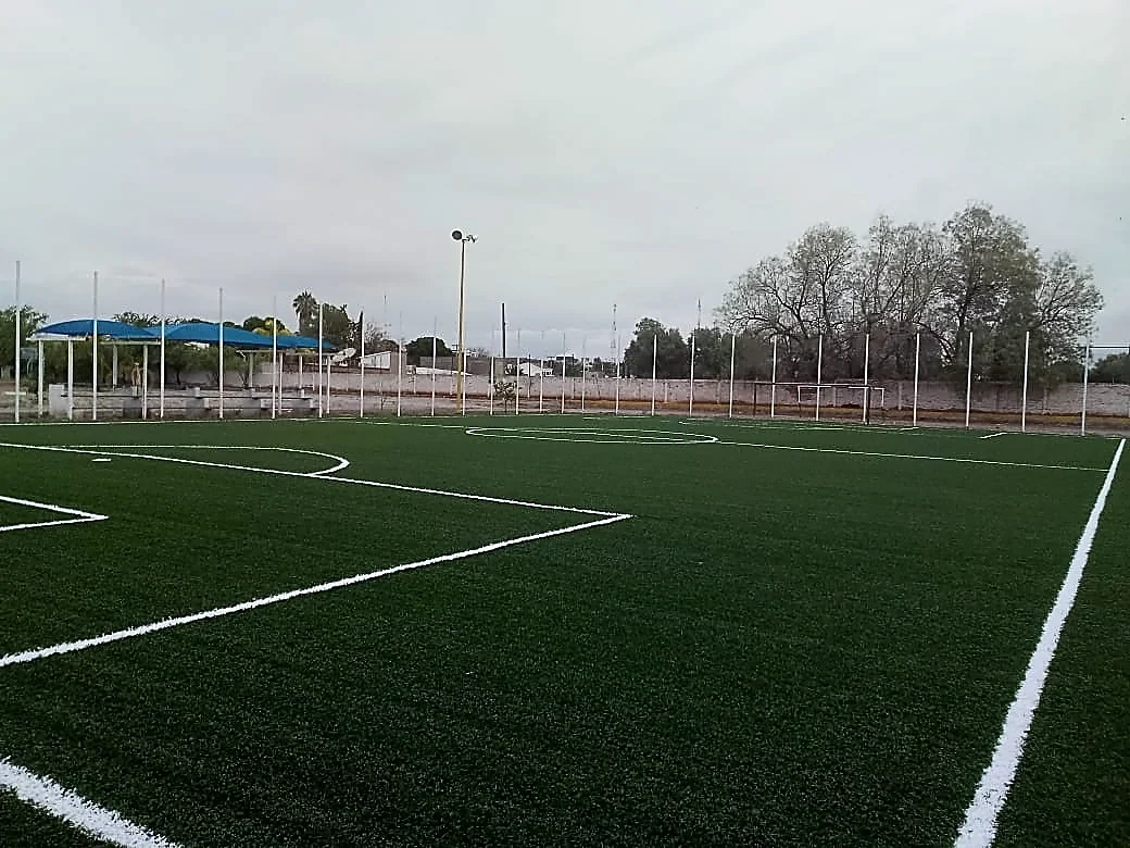 Cancha de fútbol 5 con pasto sintético en Facultad de Ciencias de la Salud, Gómez Palacio, Durango: líneas insertadas en el pasto sintético