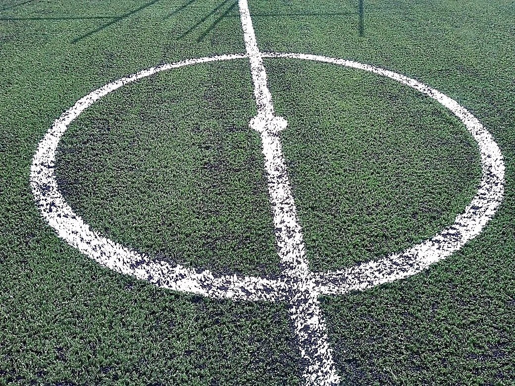 Cancha de fútbol 5 con pasto sintético en Escuela Primaria Benito Juárez, Zumpahuacán, Estado de México: la cancha desde la línea lateral