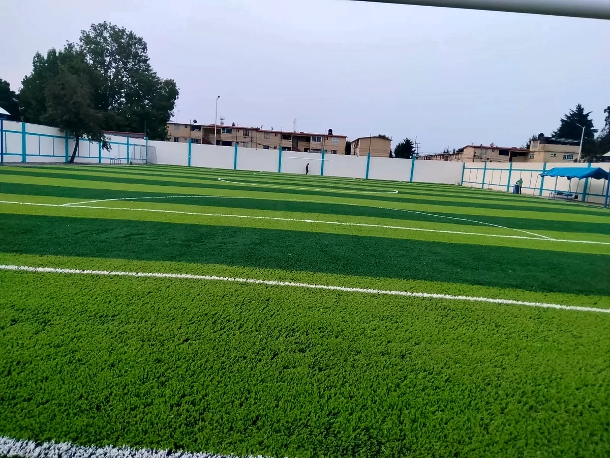 Detalle del pasto sintético de la cancha de fútbol 7 en Metepec, Estado de México