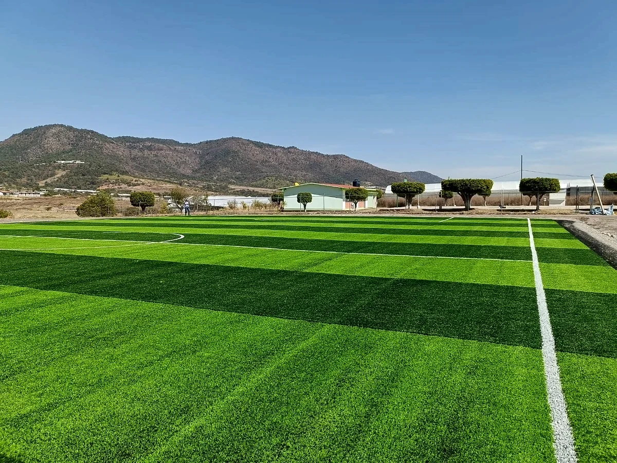 Cancha de fútbol 7 con pasto sintético en Cancha Localidad de Buenos Aires, Almoloya de Alquisiras, Estado de México: la cancha desde la línea lateral