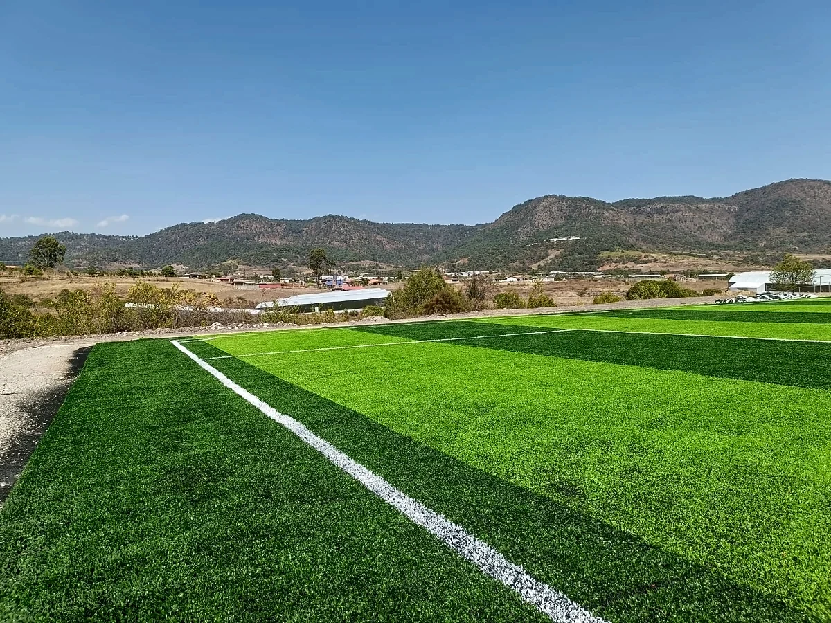 Detalle del pasto sintético de la cancha de fútbol 7 en Almoloya de Alquisiras, Estado de México