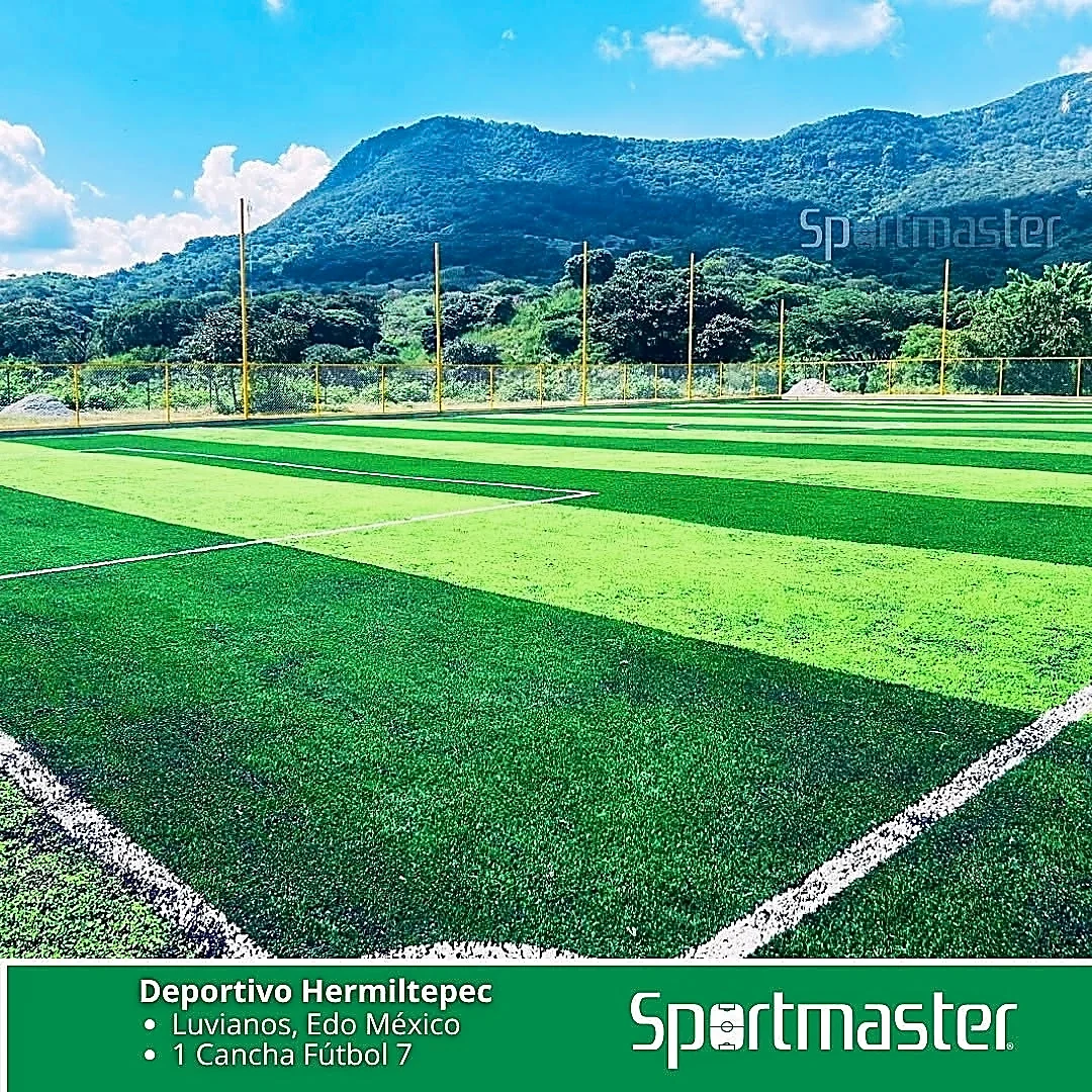 Cancha de fútbol 7 con pasto sintético en Deportivo Hermiltepec, Luvianos, Estado de México: la cancha desde la línea lateral