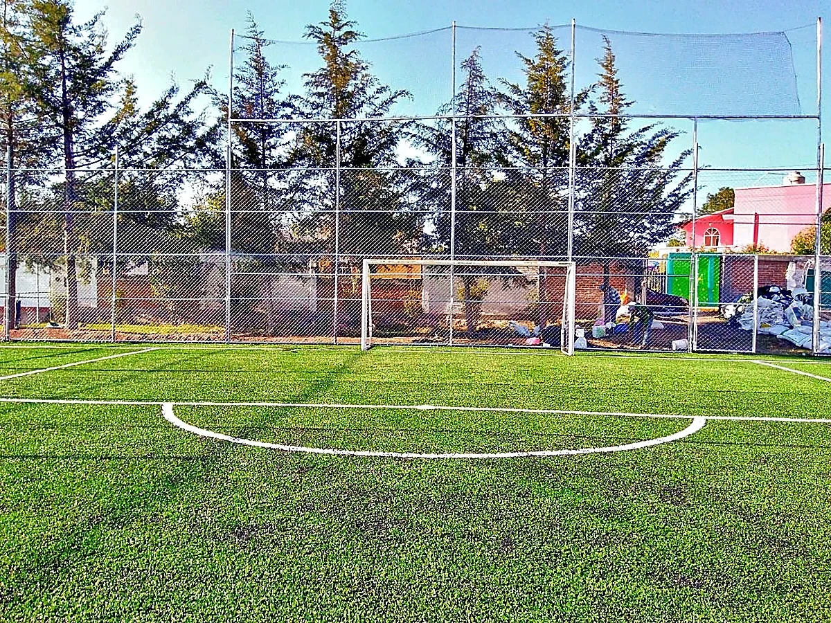 Cancha de fútbol 7 con pasto sintético en Deportivo Municipal Papalotla, Estado de México: la cancha desdel fondo