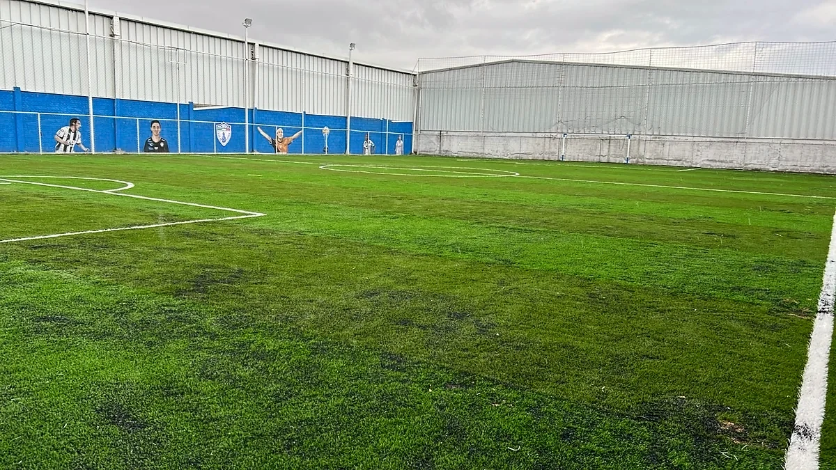 Cancha de fútbol 7 con pasto sintético en Toluca, Estado de México: la cancha desde la línea lateral