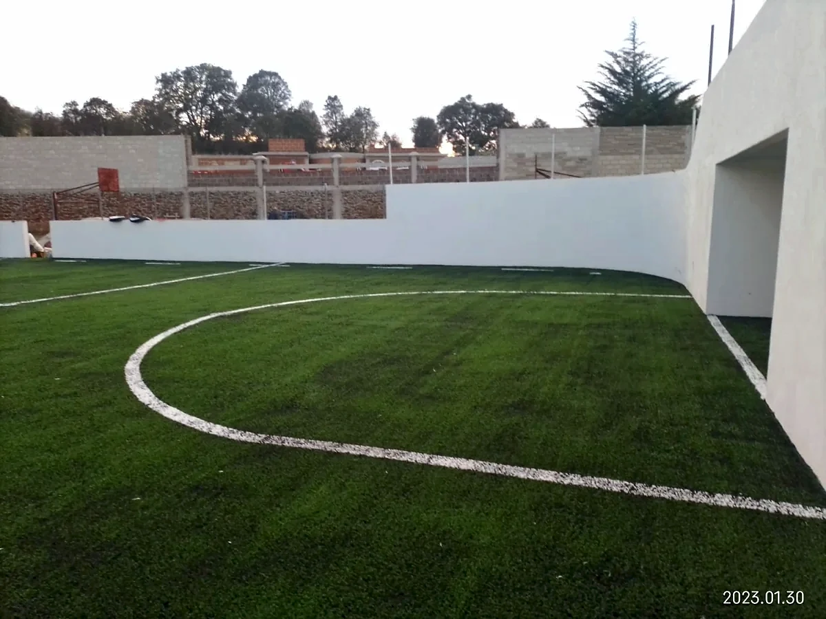 Cancha de fútbol rápido con pasto sintético en Alcamex, Agostadero, Estado de México: vista de la cancha y su entorno