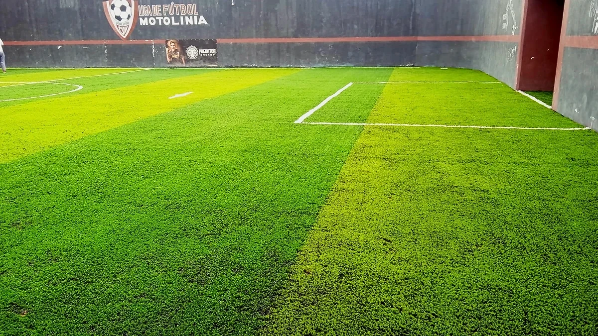 Cancha de fútbol rápido con pasto sintético en Centro Pedagógico Motolinia, Nezahualcóyotl, Estado de México: líneas de juego insertadas en el pasto