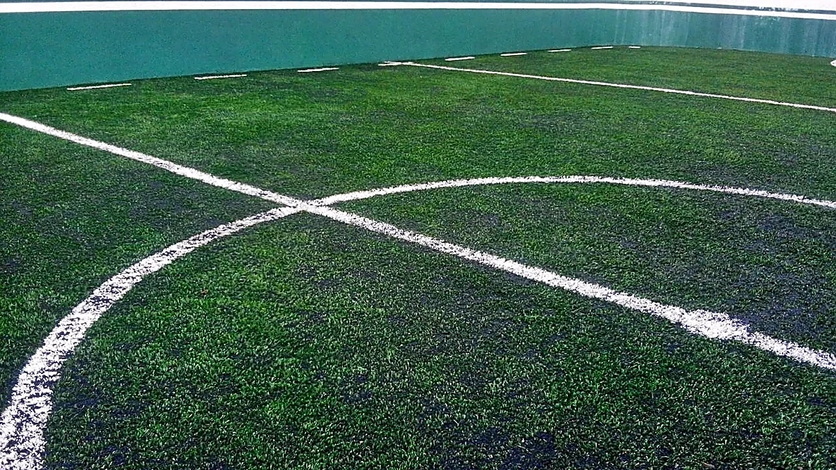 Cancha de fútbol rápido con pasto sintético en Ecatzingo, Estado de México: la cancha desde la línea lateral