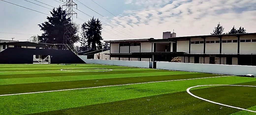 Detalle del pasto sintético de la cancha de fútbol rápido en Toluca, Estado de México