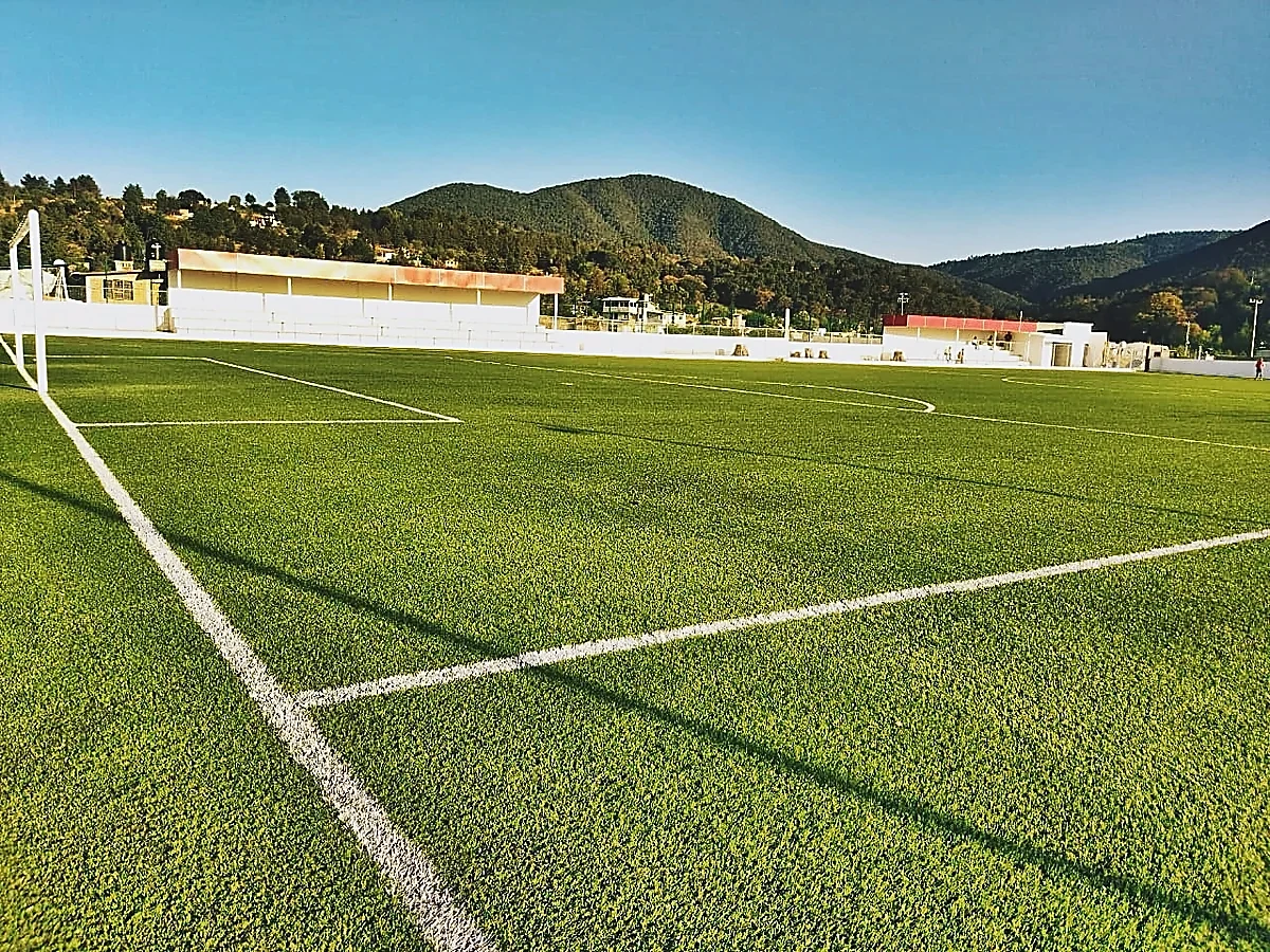 Cancha de fútbol soccer con pasto sintético en Campo de Soccer Tapaxco, Tapaxco (El Oro), Estado de México: vista de la cancha y su entorno