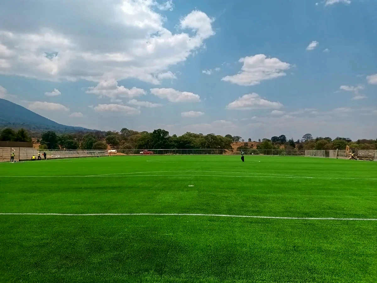 Cancha de fútbol soccer con pasto sintético en Cancha Futbol San Pedro del Rosal, Estado de México: la cancha desde la línea lateral