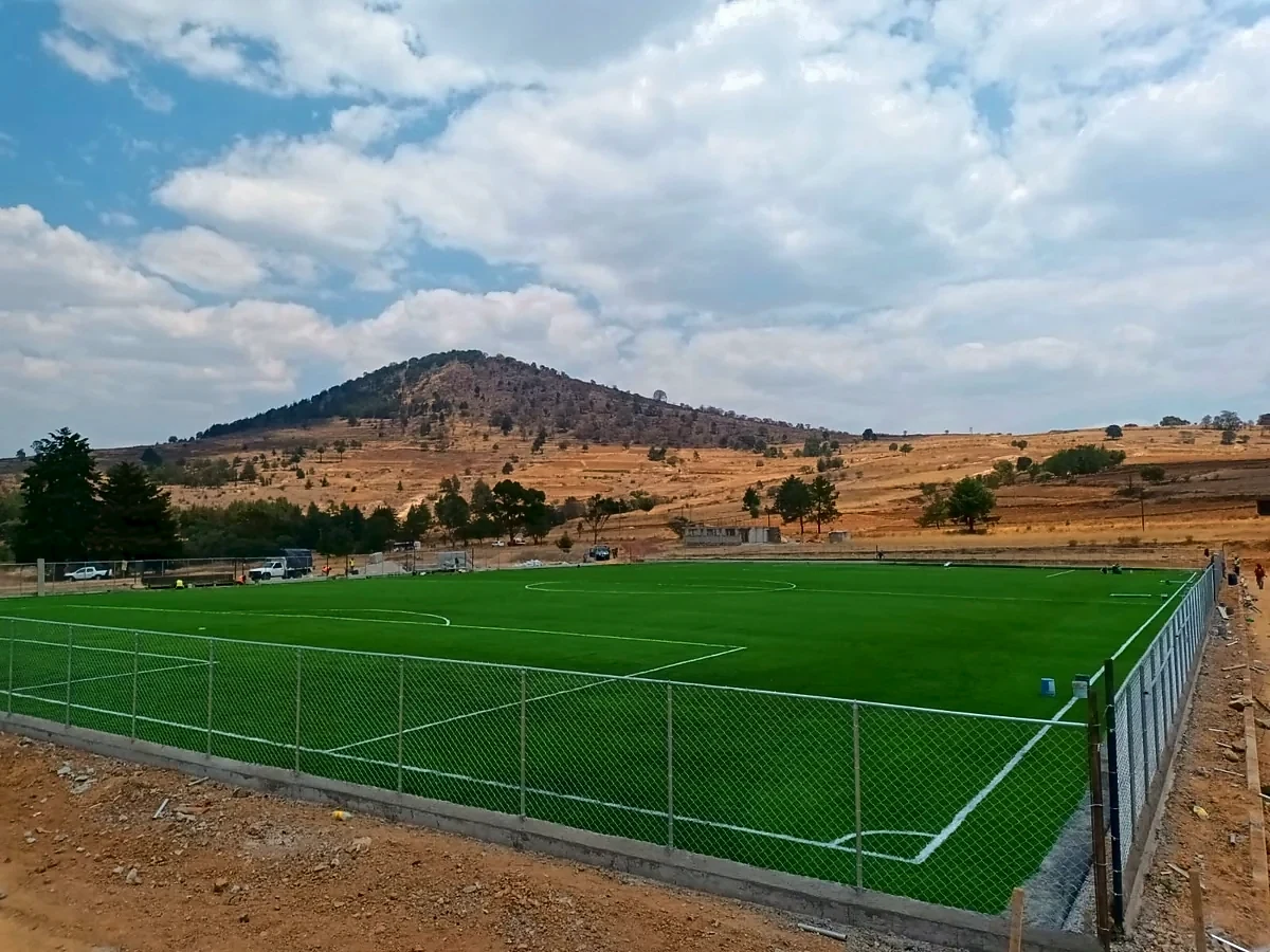 Cancha de fútbol soccer con pasto sintético en Cancha Futbol San Pedro del Rosal, Estado de México: la cancha desdel fondo