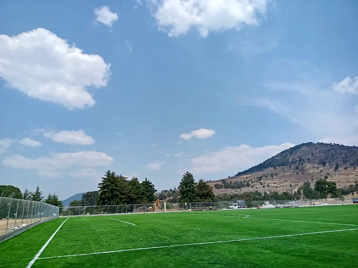 Cancha de fútbol soccer con pasto sintético en Cancha Futbol San Pedro del Rosal, Estado de México: vista de la cancha y su entorno