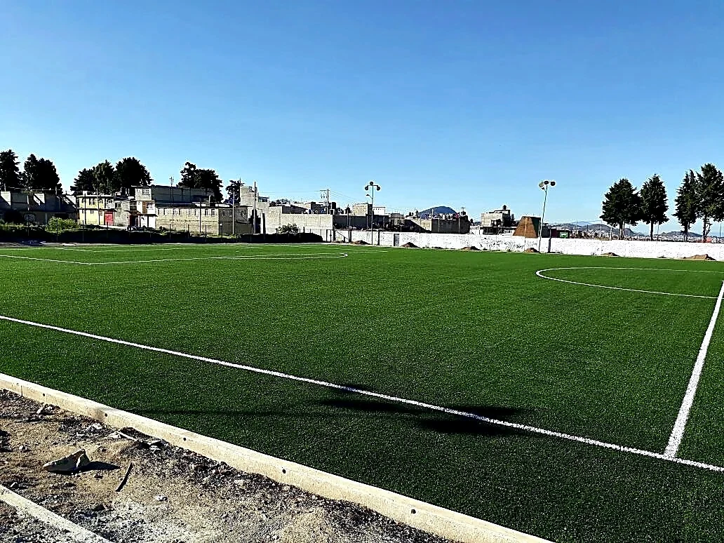 Detalle del pasto sintético de la cancha de fútbol soccer en Toluca, Estado de México