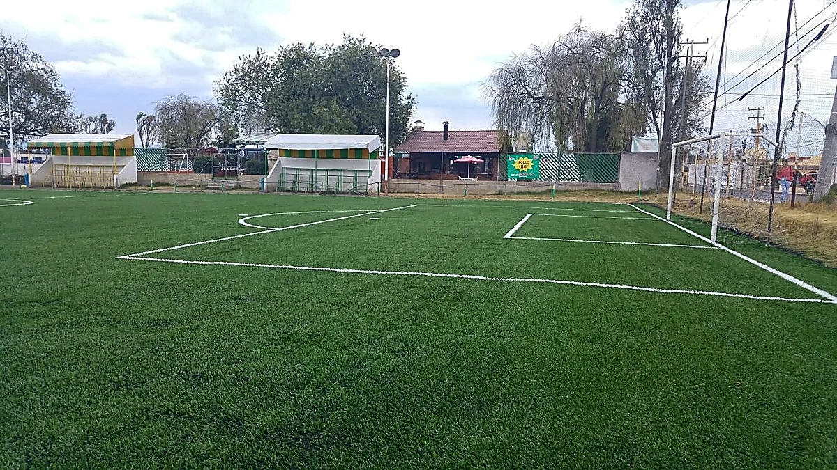 Cancha de fútbol soccer con pasto sintético en Toluca, Estado de México: pasto sintético deportivo recién cepillado