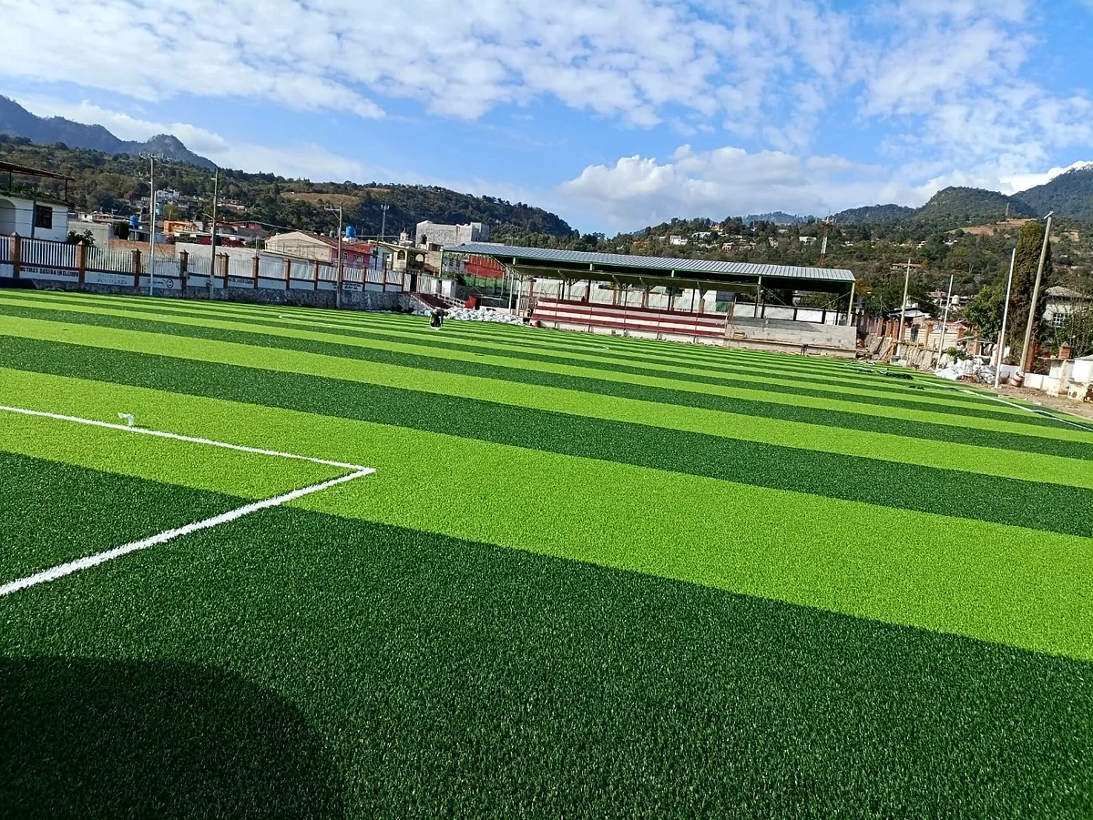 Detalle del pasto sintético de la cancha de fútbol soccer en Almoloya de Alquisiras, Estado de México