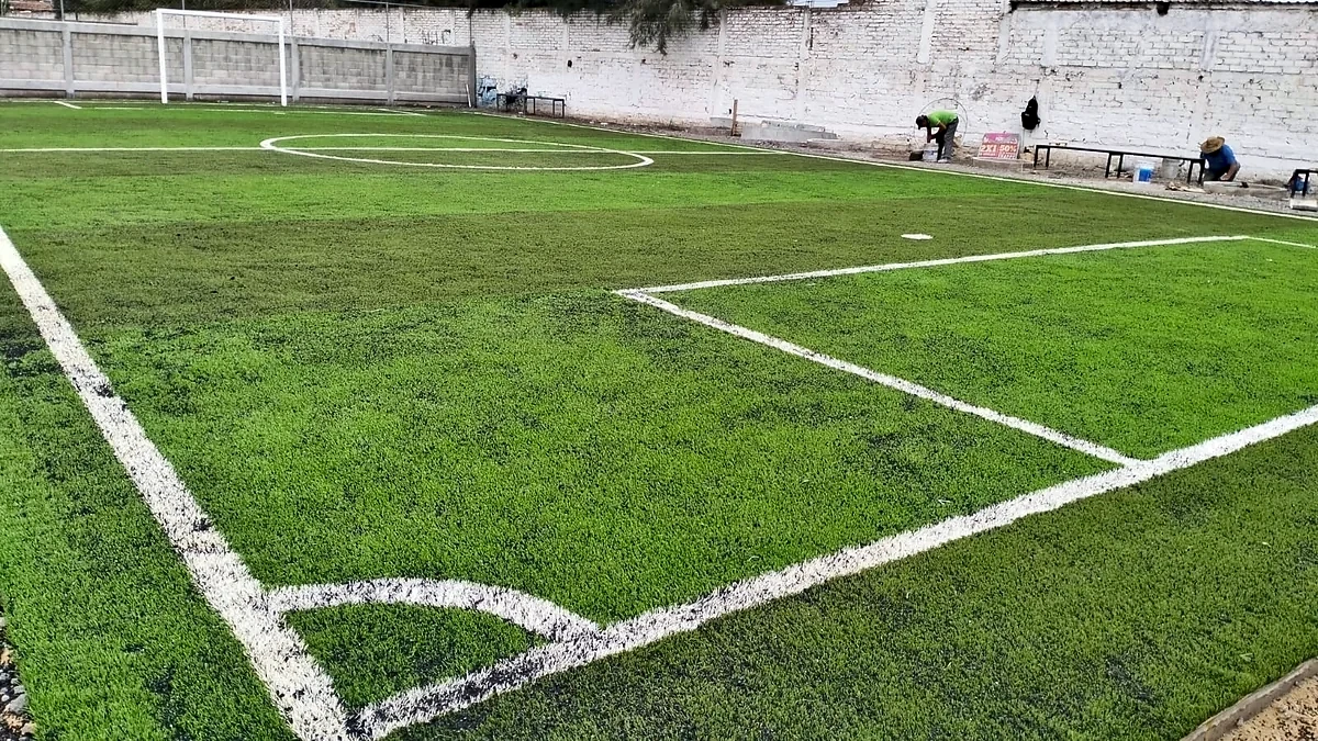 Cancha de fútbol 5 con pasto sintético en Instituto Magno Sección Preparatoria, Celaya, Guanajuato: líneas insertadas en el pasto sintético