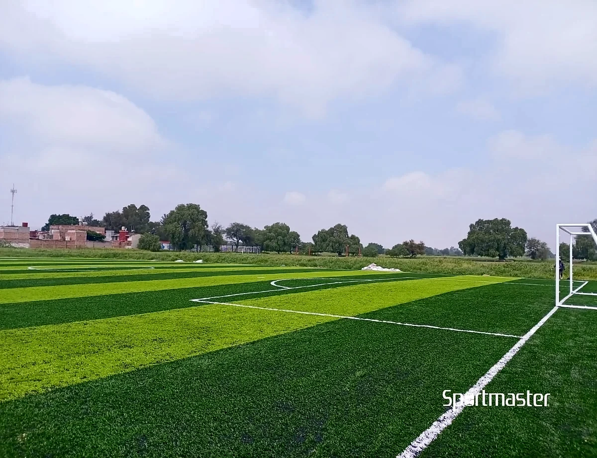 Detalle del pasto sintético de la cancha de fútbol 7 en Apaseo el Grande, Guanajuato