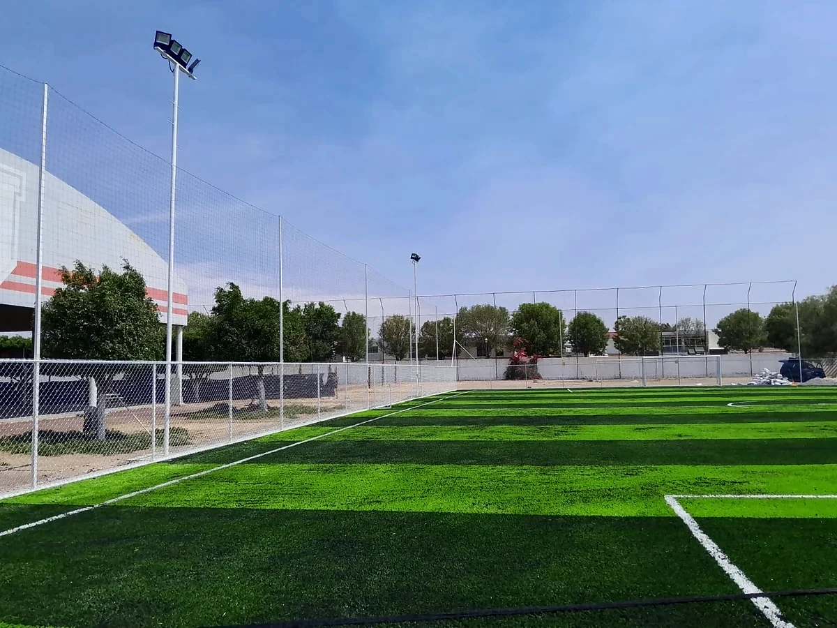 Cancha de fútbol 7 con pasto sintético en Instituto de Estudios Superiores del Centro de México, Celaya, Guanajuato: la cancha desde la línea lateral
