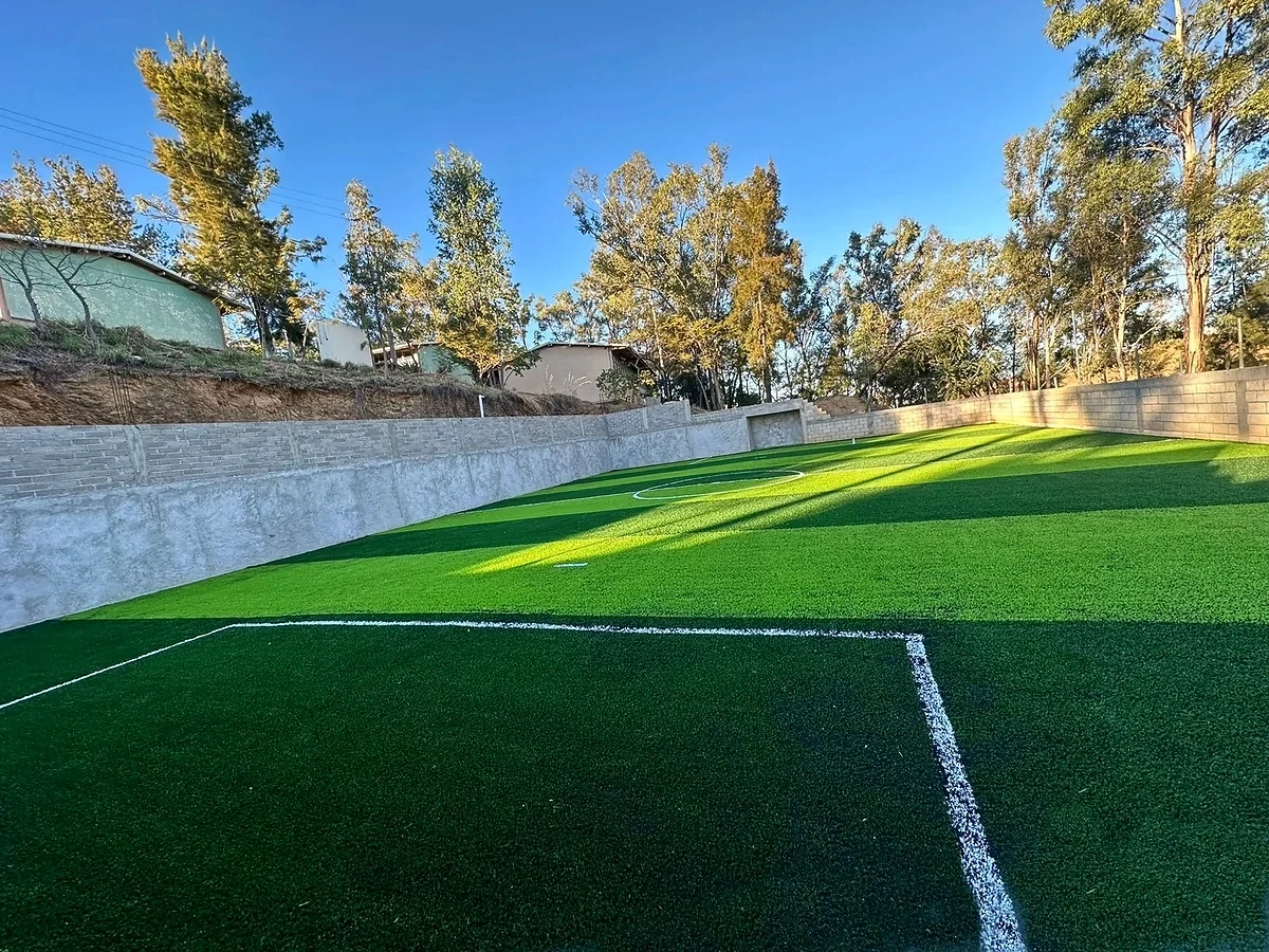 Cancha de fútbol 5 con pasto sintético en Sec. Téc. No. 122, Temalacatzingo, Guerrero: pasto sintético deportivo recién cepillado