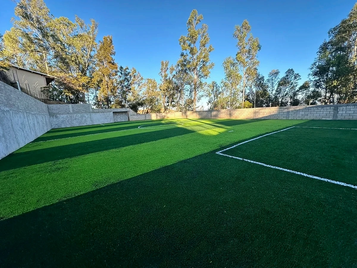 Cancha de fútbol 5 con pasto sintético en Sec. Téc. No. 122, Temalacatzingo, Guerrero: la cancha desdel fondo