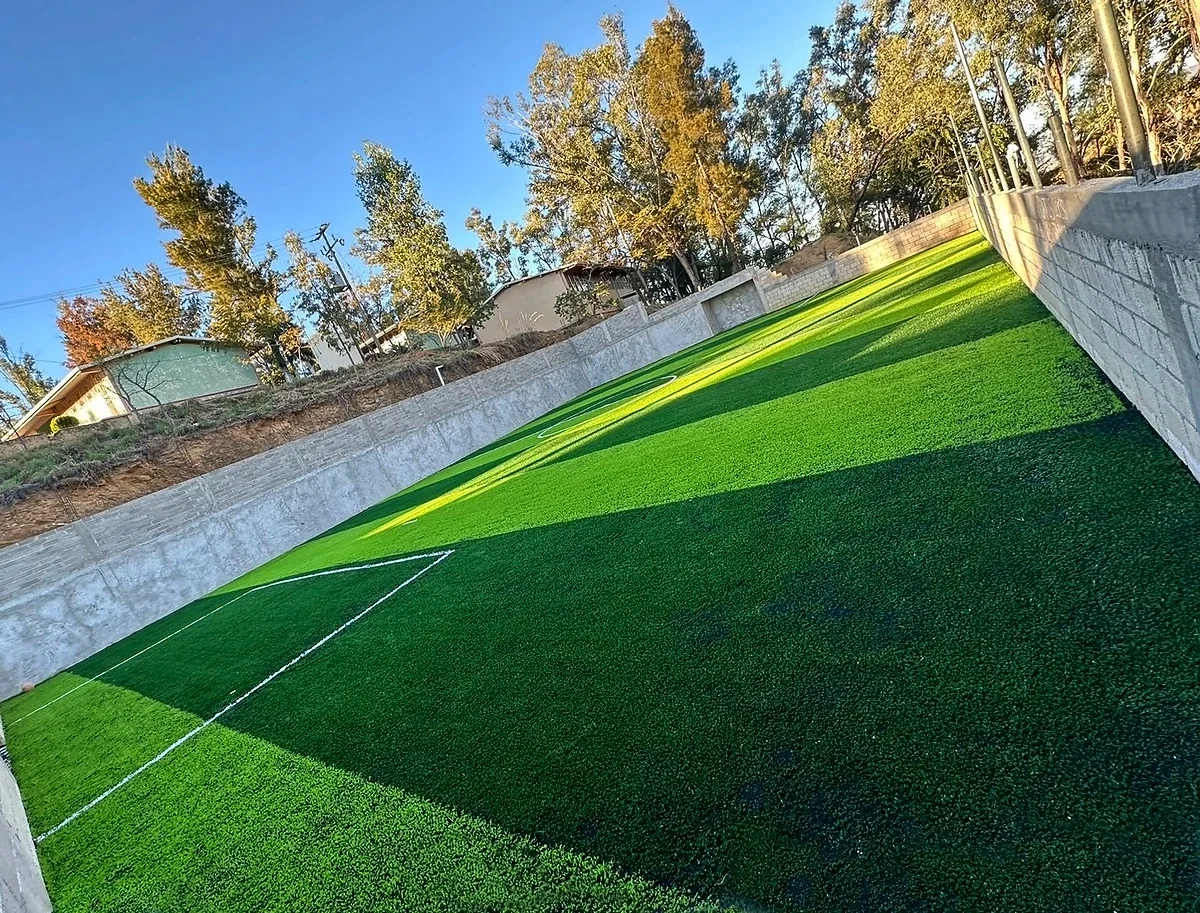 Detalle del pasto sintético de la cancha de fútbol 5 en Temalacatzingo, Guerrero