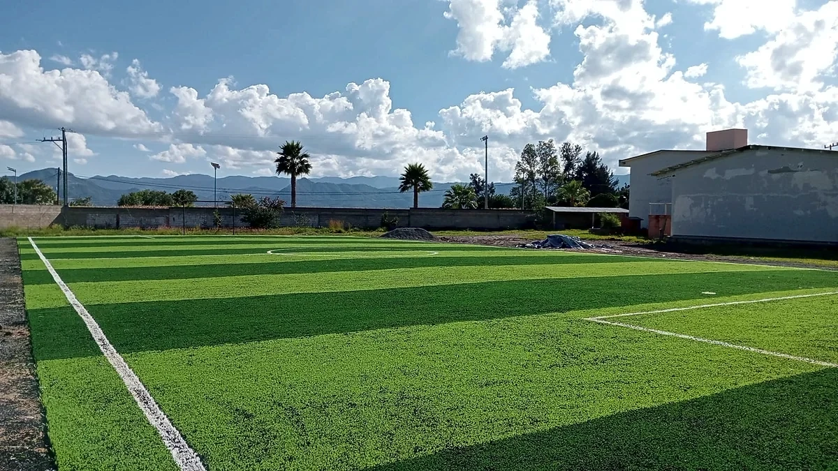 Cancha de fútbol 7 con pasto sintético en Escuela Secundaria Técnica Jesús Arizmendi Rogel, Pilcaya, Guerrero: vista de la cancha y su entorno