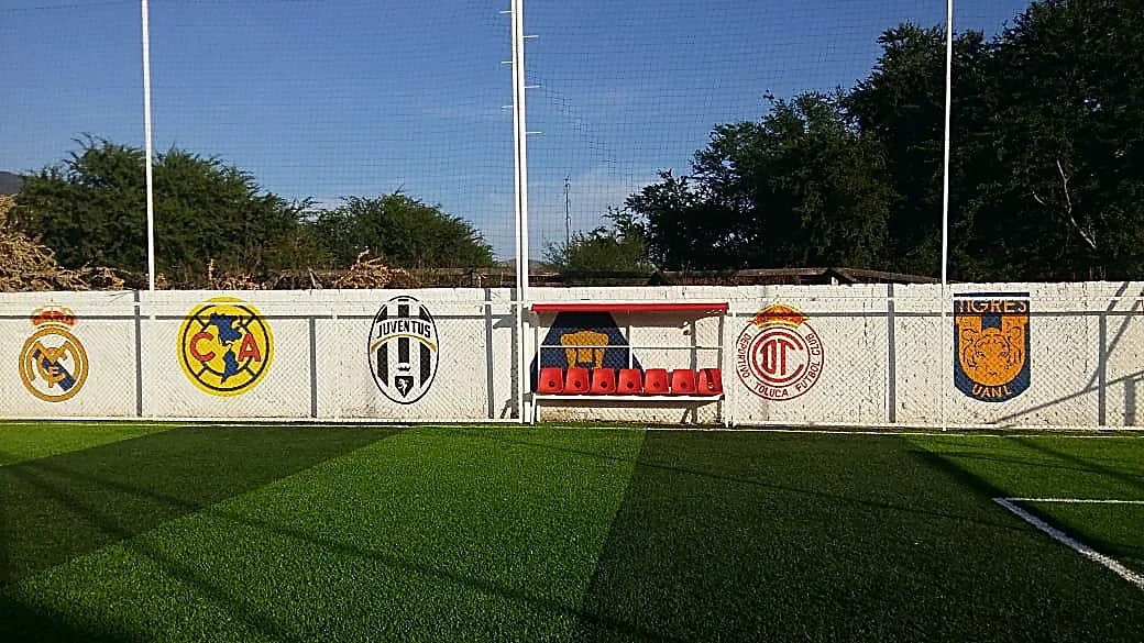 Cancha de fútbol 7 con pasto sintético en Iguala, Guerrero: líneas de juego insertadas en el mismo pasto